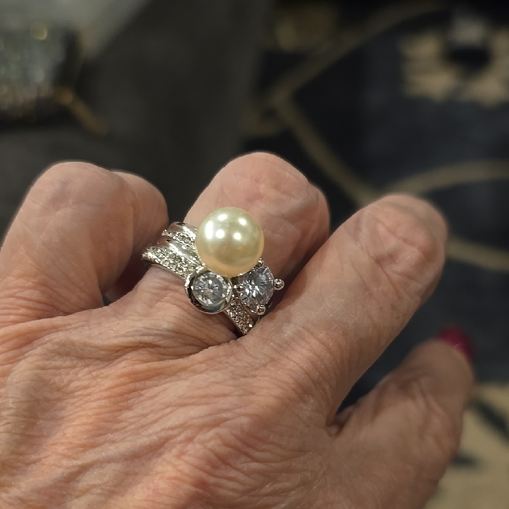 Ivory Pearl and Crystal Statement Ring - Silver Tone